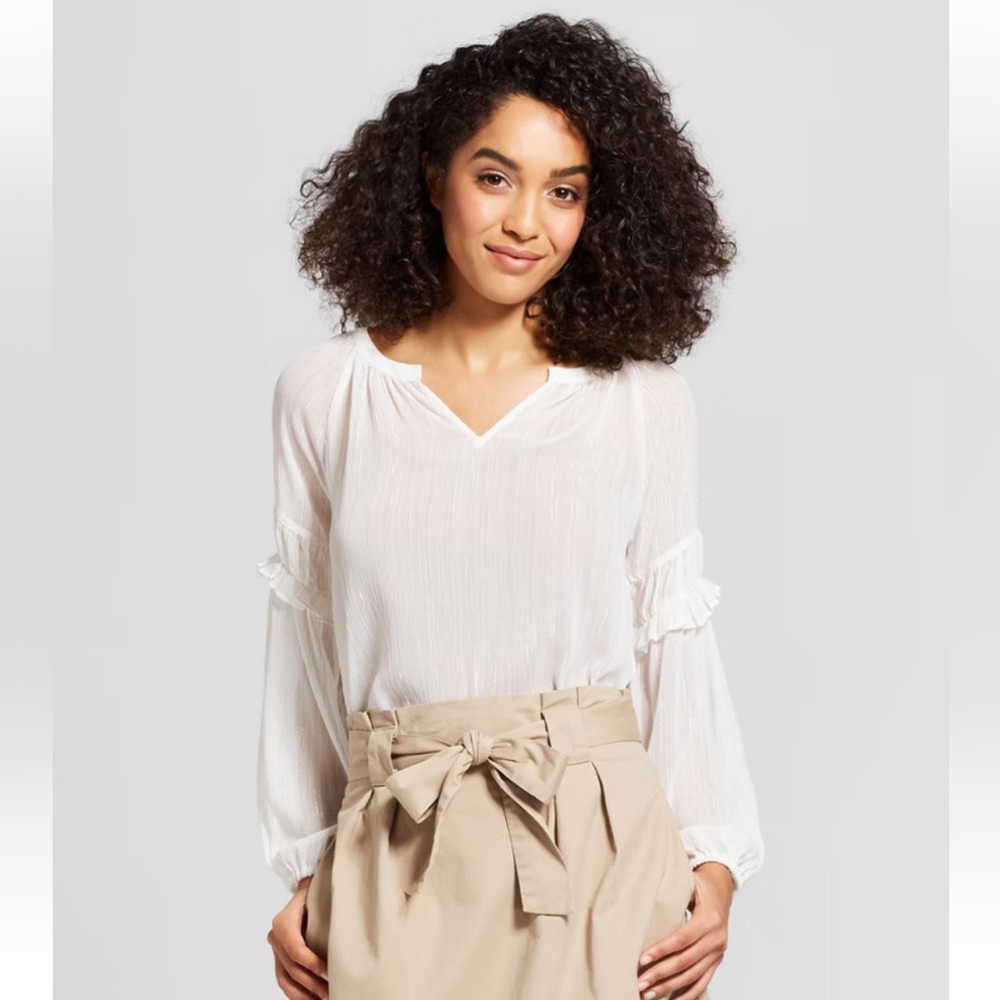 New! Women’s Metallic Striped Long Ruffle Sleeve White Sheer Blouse Size XL